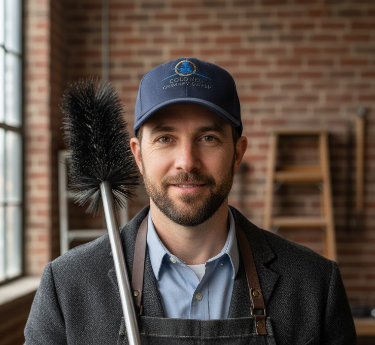 Professional chimney sweep technician with equipment